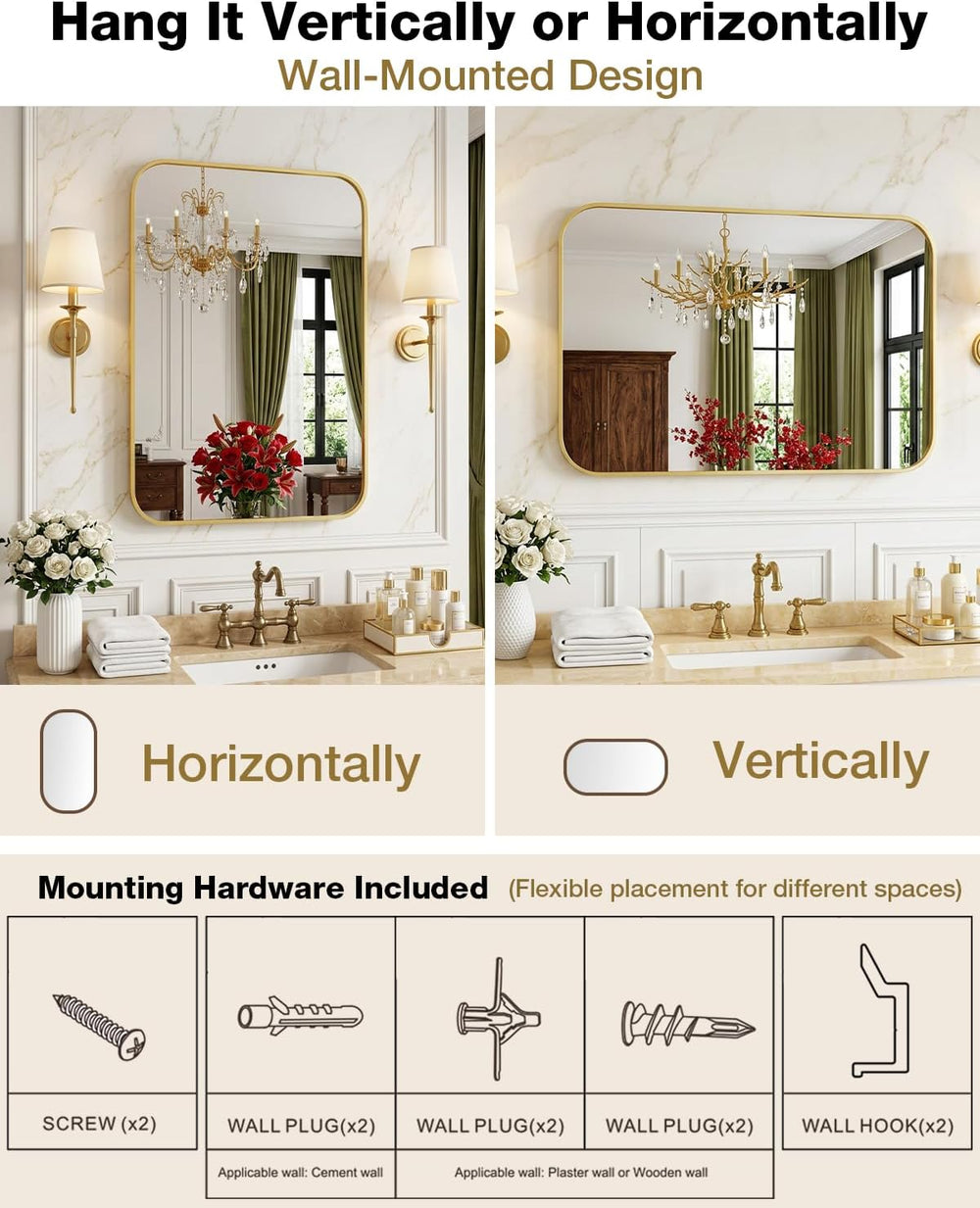 24"x36" Brushed Gold Bathroom Mirror, Rectangle Vanity Mirror for O...
