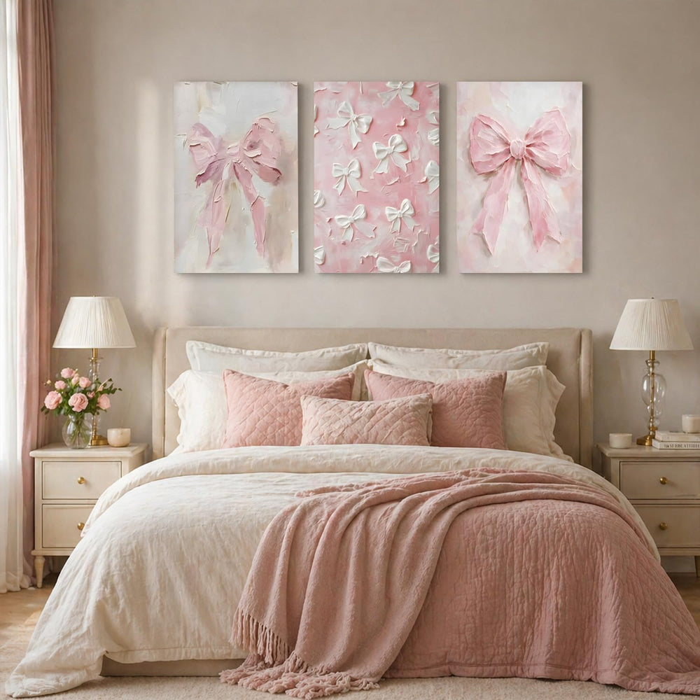 Pink Bow Canvas Wall Art Set of 3 Trendy Preppy Oil Painting Posters Wall Dec...