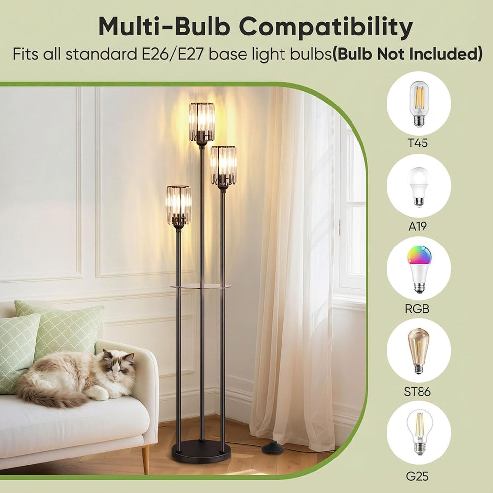 Crystal Standing Floor Lamp with Shelves for Living Room 67" Tall Black