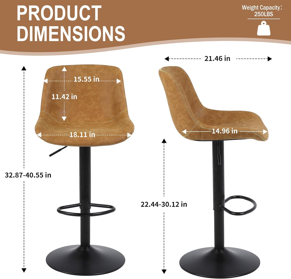 Swivel Bar Stools Set 2, Adjustable Suede-Like Leather Stool Yellow