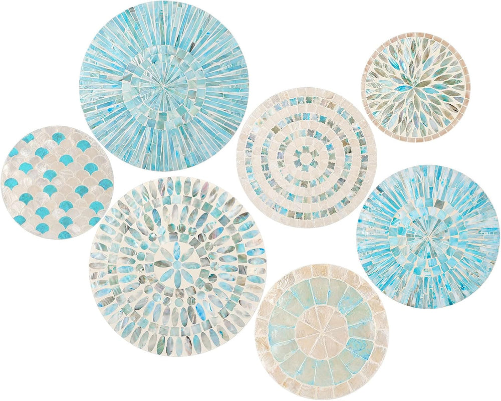 Tioncy 7 Pcs Assorted Blue Mother of Pearl Shell Plate Coastal Wall Art