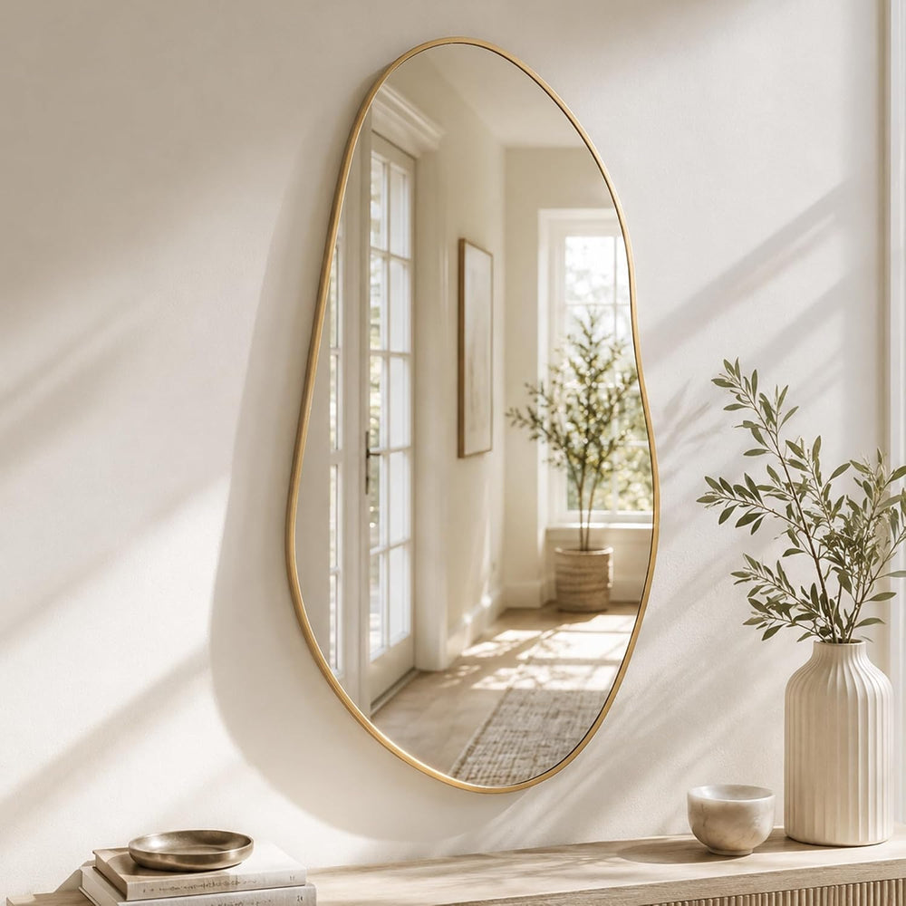 Matte Gold 32x16.5 Inch Asymmetrical Organic Oval Wall Mirror