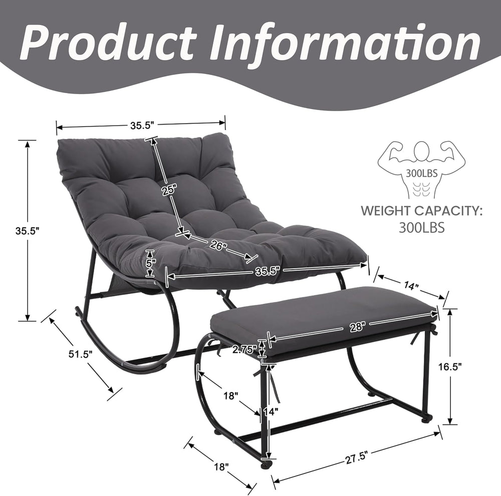 Double Papasan Rocking Chair Set with Ottoman, 2 Pack, Grey
