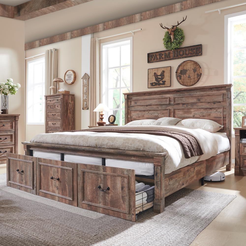 Aitjunz Farmhouse King Size Bed Frame w/51 Tall Headboard, Light Brown