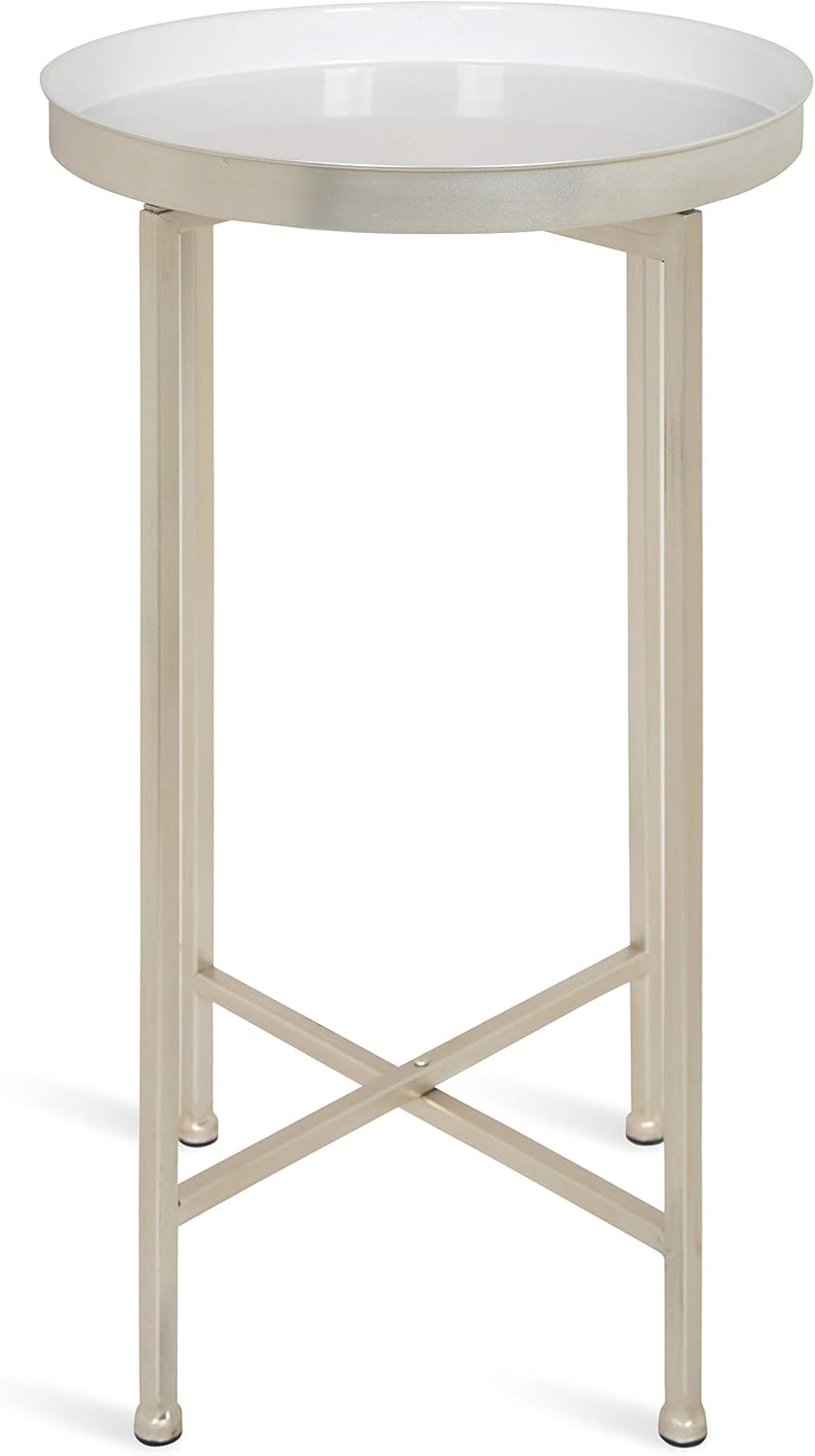 Kate and Laurel Celia Round Metal Foldable Tray Accent Table, White with Silv...