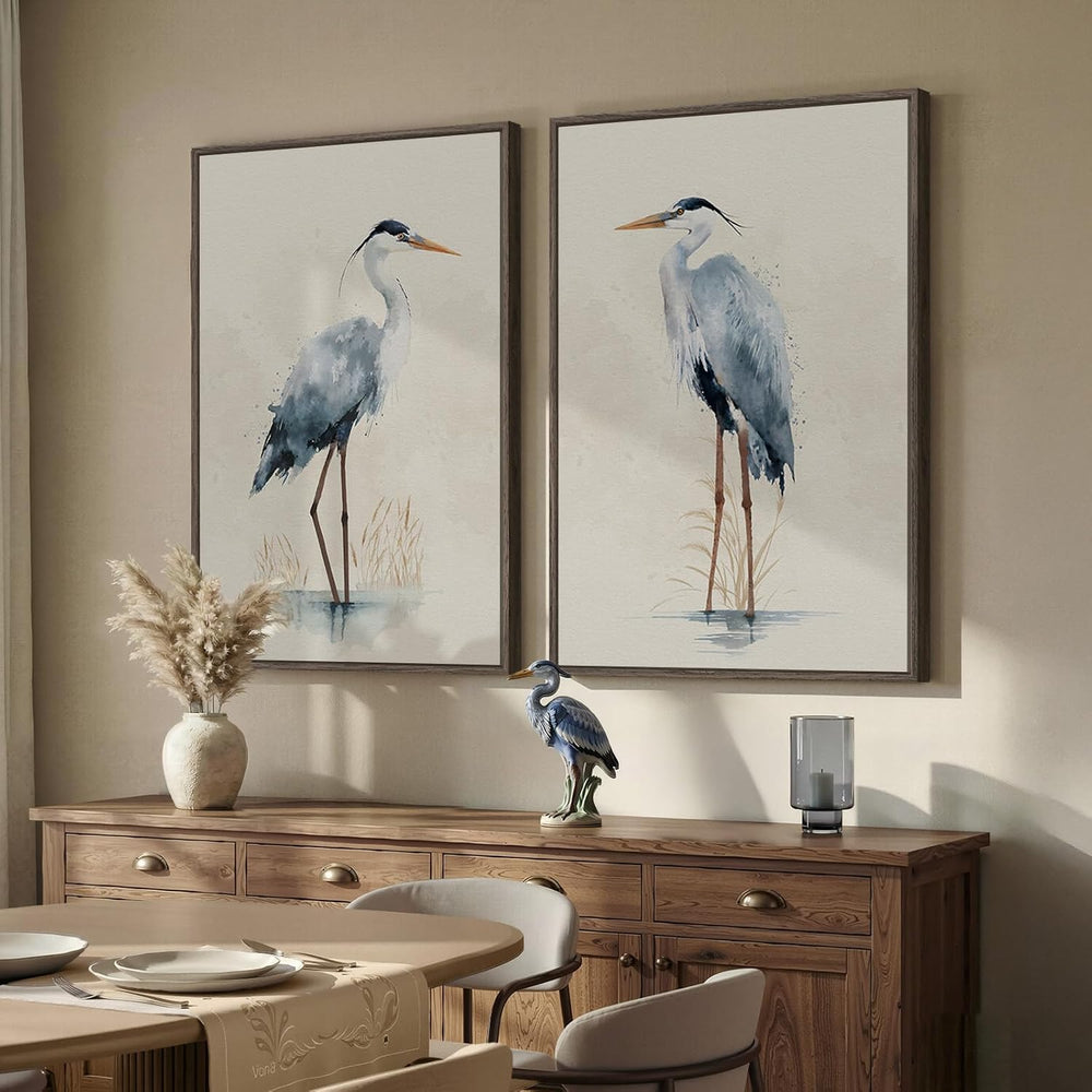 Large Framed Vintage Neutral Blue Heron Bird Wall Art, 2 Piece 24x36 In