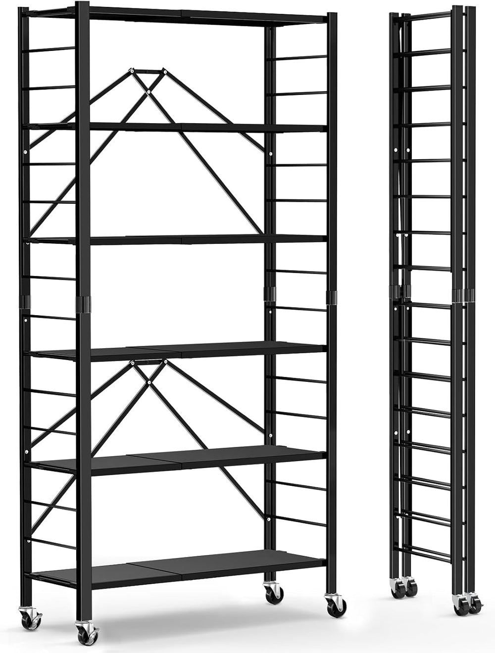 Himix 6-Tier Foldable Storage Shelves with Wheels Adjustable Kitchen Black