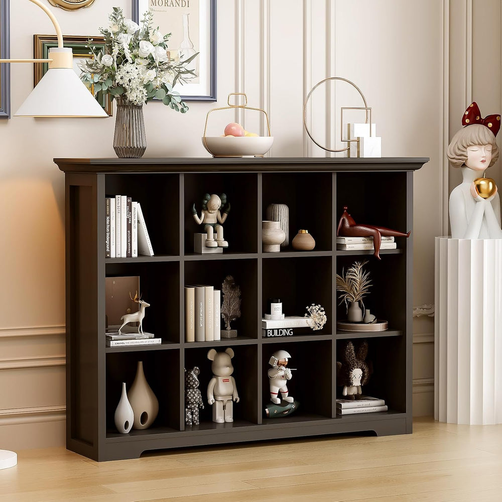 OSCHF 12-Cube Open Bookcase with Base, 3-Tier Wooden Bookshelf, Black