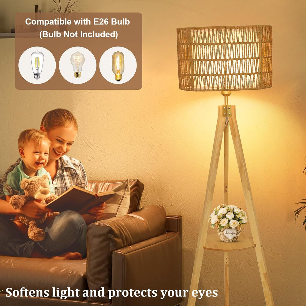 LAMSU Oak Wood Tripod Floor Lamps for Living Room, Boho Floor Lamp with Shelv...