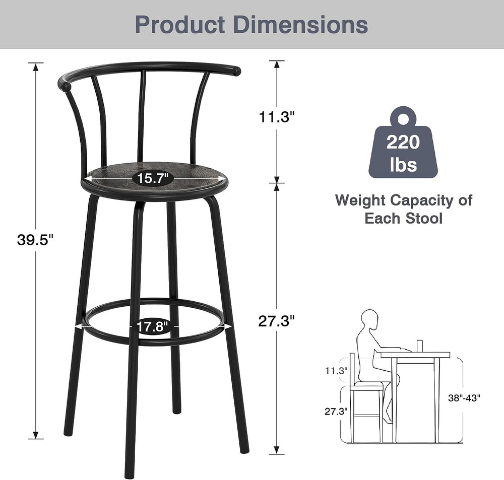 VECELO Swivel Bar Stools Set of 2, Counter Height Chairs, Dark Grey