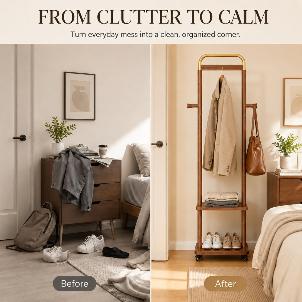 VetaDeMadera Wooden Coat Rack, Rolling Rack with Shelves