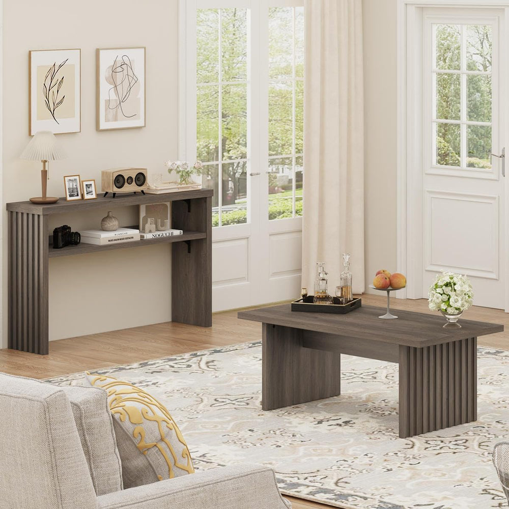 BON AUGURE 43 Inch Coffee Table, Fluted Wood Rectangle Living Room Tables
