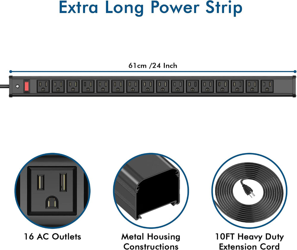 BTU 16 Outlet Power Strips, Extra Long Power Strip with 10ft Cord, Metal Heav...