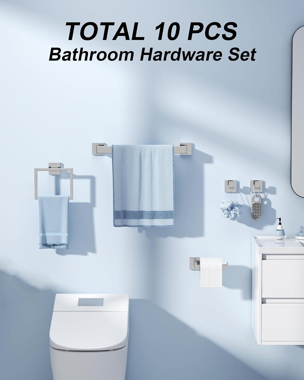10-Piece Brushed Nickel Bathroom Hardware Set with 16" Towel Bar, Toilet...