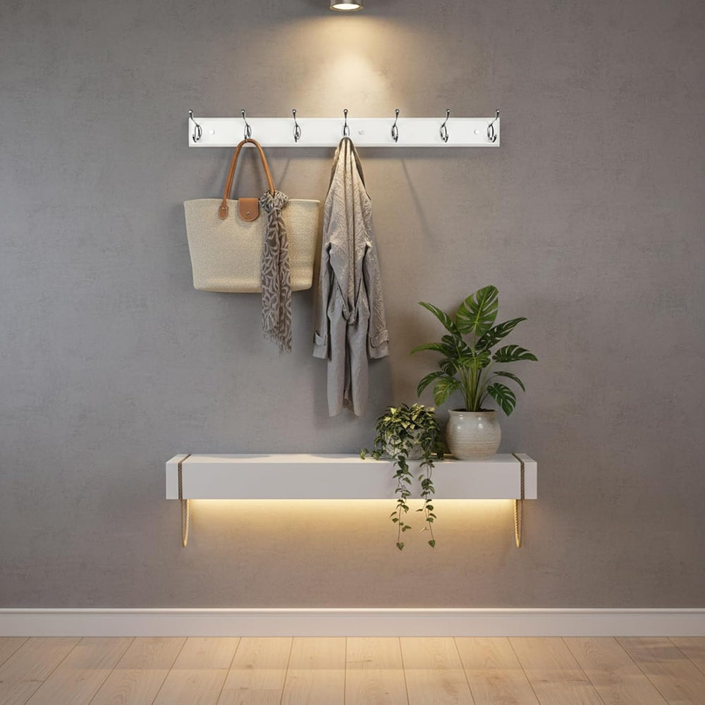 Wooden Wall Mounted Coat Rack – 35 Inch, White with 7 Silver Hooks for Entryw...