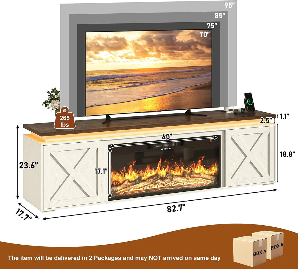 83" Farmhouse TV Stand w/40 Electric Fireplace for TVs Up to 95 Inch,White