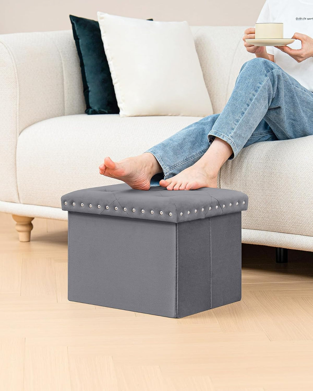 B FSOBEIIALEO Storage Ottoman Cube, 16.5" Velvet Folding Ottoman, Grey