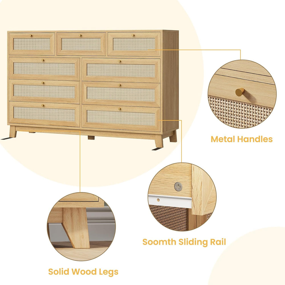 AOGLLATI Rattan Dresser for Bedroom with 9 Drawer, Modern Wooden Long Bedroom...