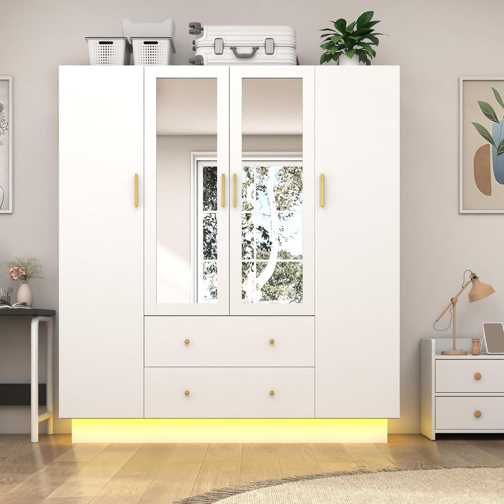 jiteentarou 4 Door Wardrobe Closet with Mirrors and LED Lights, Bedroom Armoi...