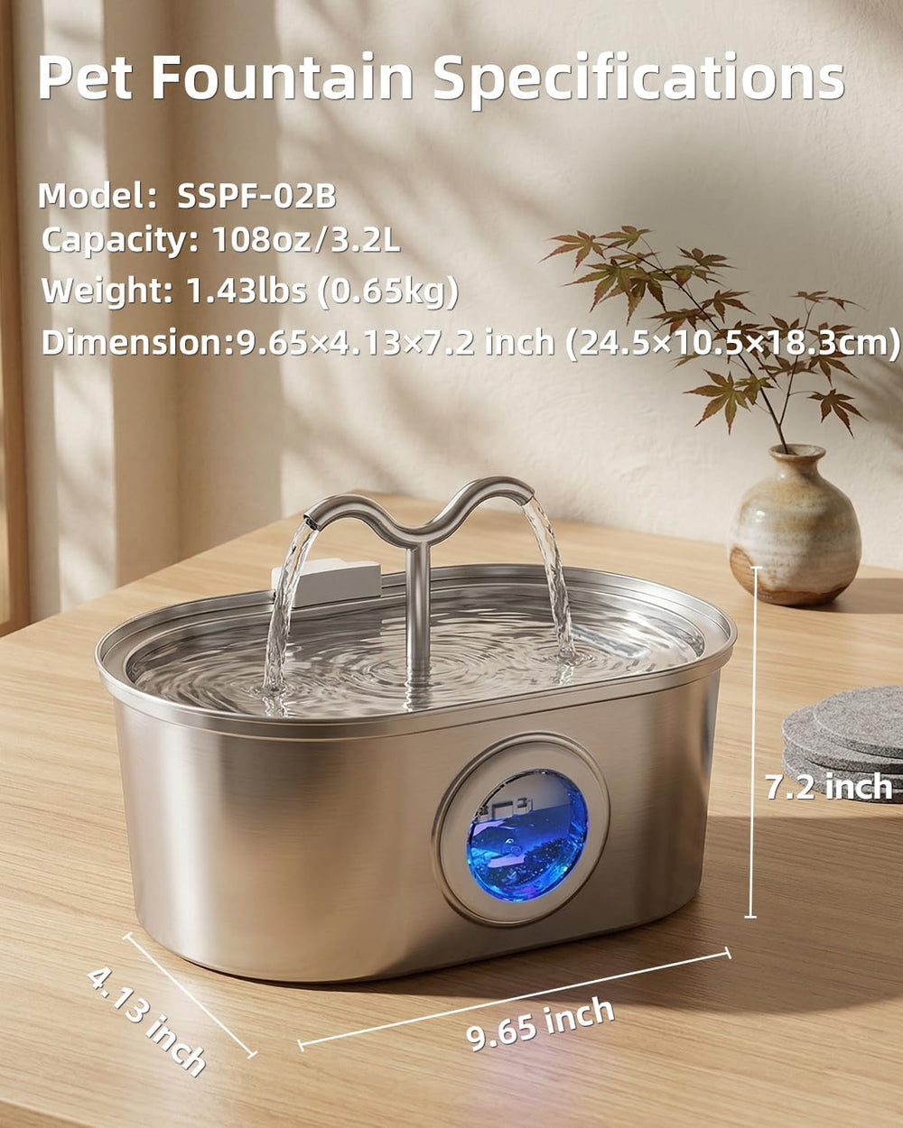 3.2L/108oz Stainless Steel Cat Water Fountain Pet Fountain