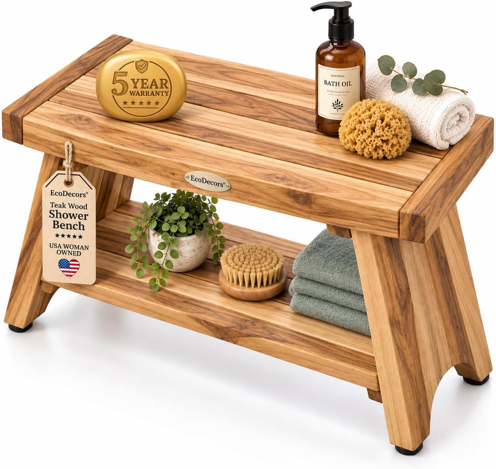 EcoDecors Serenity 30-Inch Teak Shower Bench with Shelf, 300 lb