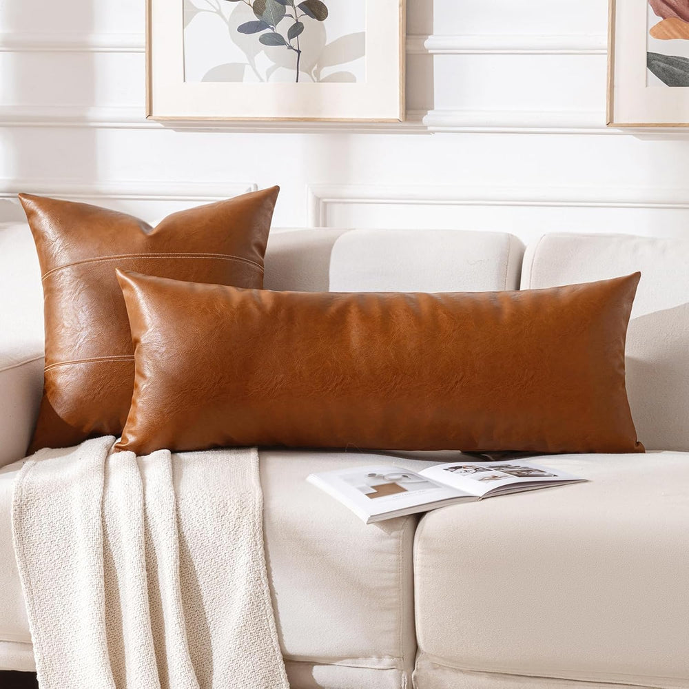 Fancy Homi Brown Boho Long Lumbar Faux Leather Body Decorative Throw Pillow C...