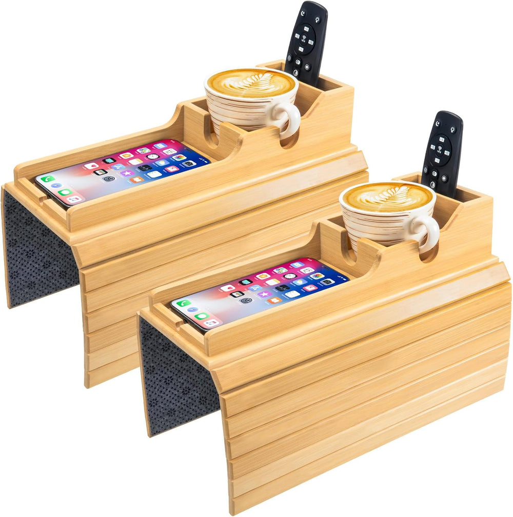 Yoshiky 2 Pack Bamboo Couch Armrest Table, Couch Arm Tray with Removable Couc...