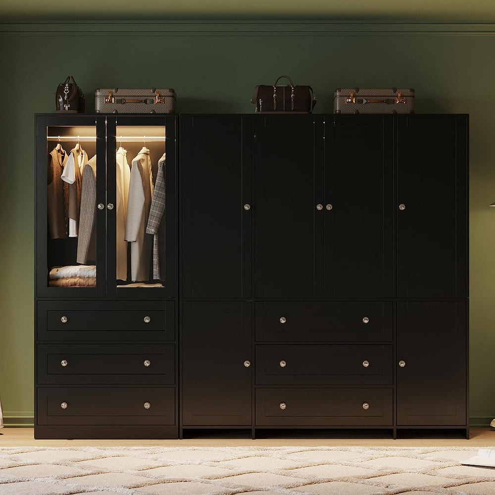 VOWNER 71" H Armoire Wardrobe Closet with Motion Sensor LED Light (Black)