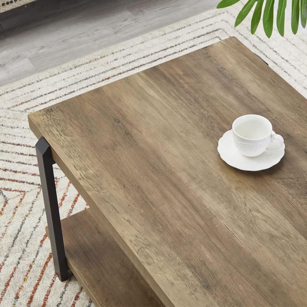 FOLUBAN Industrial Coffee Table with Shelf, Wood and Metal Rustic Cocktail Ta...