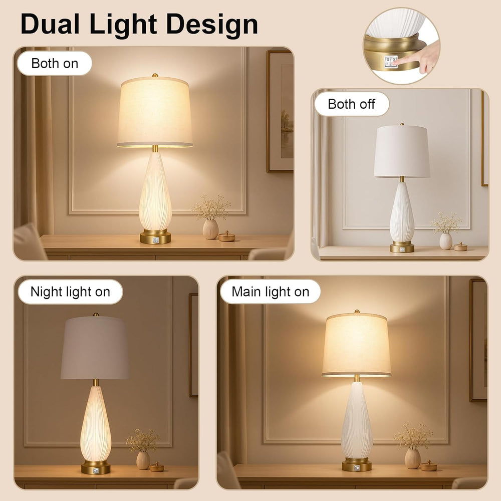 27.5" Translucent Ceramic Table Lamps Set of 2 with Night Light for Bedroom