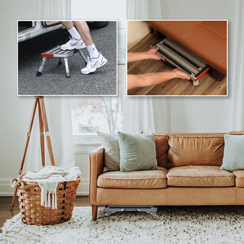 Homeon Wheels Adjustable Iron RV Step Stool, Folding Non-Slip Platform