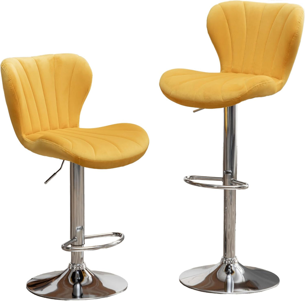 Roundhill Furniture Ellston Velvet Adjustable Swivel Barstools in Yellow, Set...