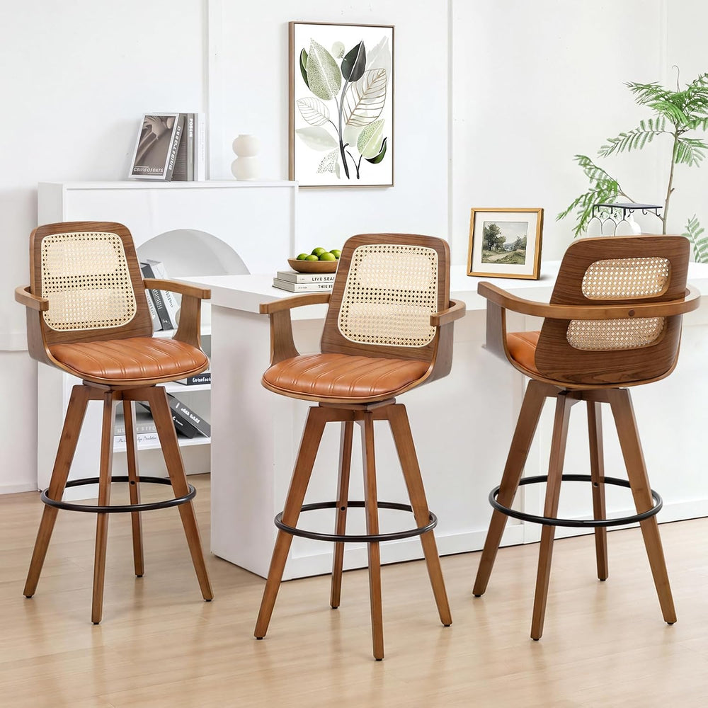Mid Century Modern Bar Stools, Bar Height Swivel Chairs with Rattan Back