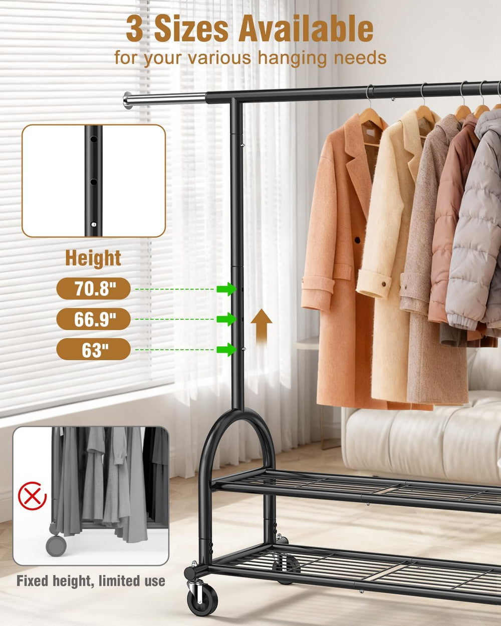 EAGMAK Rolling Clothes Rack Heavy Duty Clothing Racks with 2 Shelves, Black