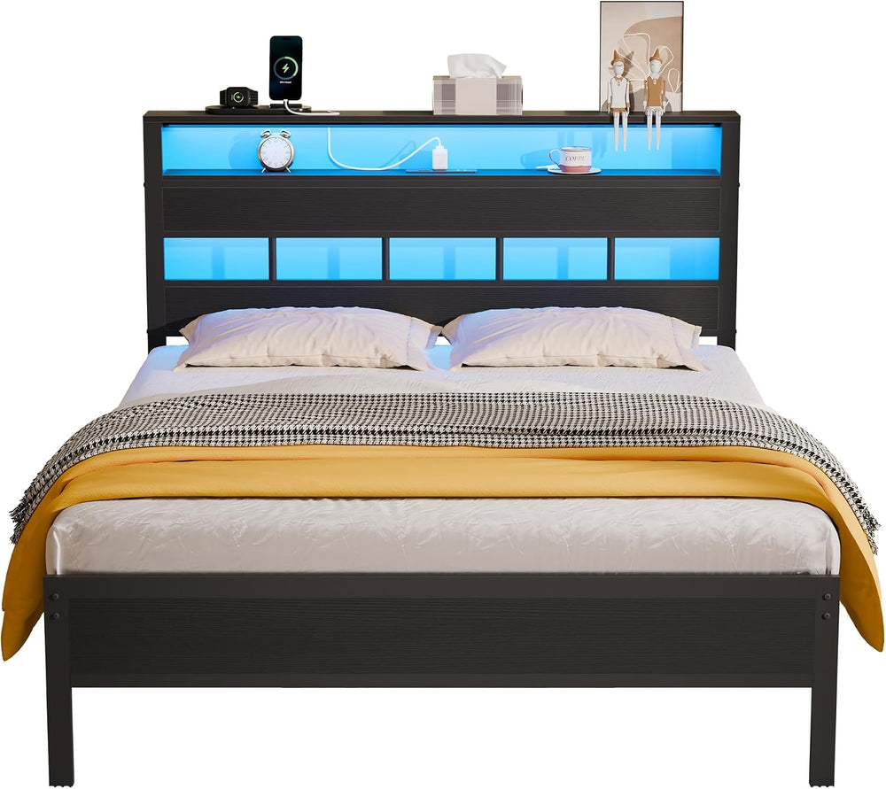 Furnulem Full Size Bed Frame, Storage Headboard, LED & Charger, Black Oak