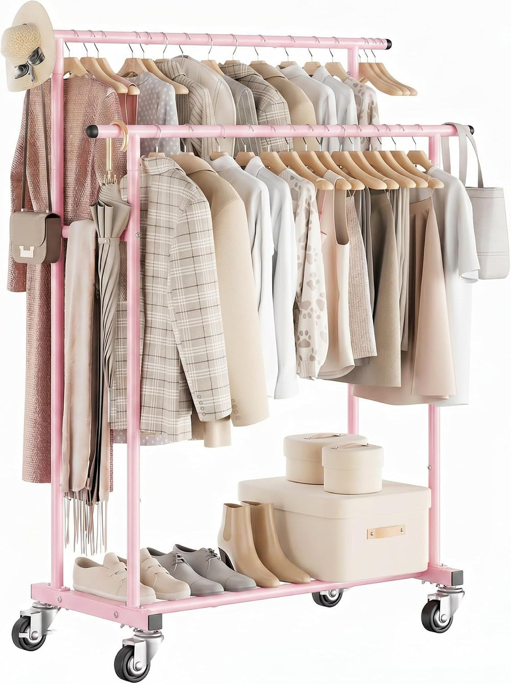 Calmootey Rolling Garment Rack, Sturdy Clothes Organizer for Bedroom