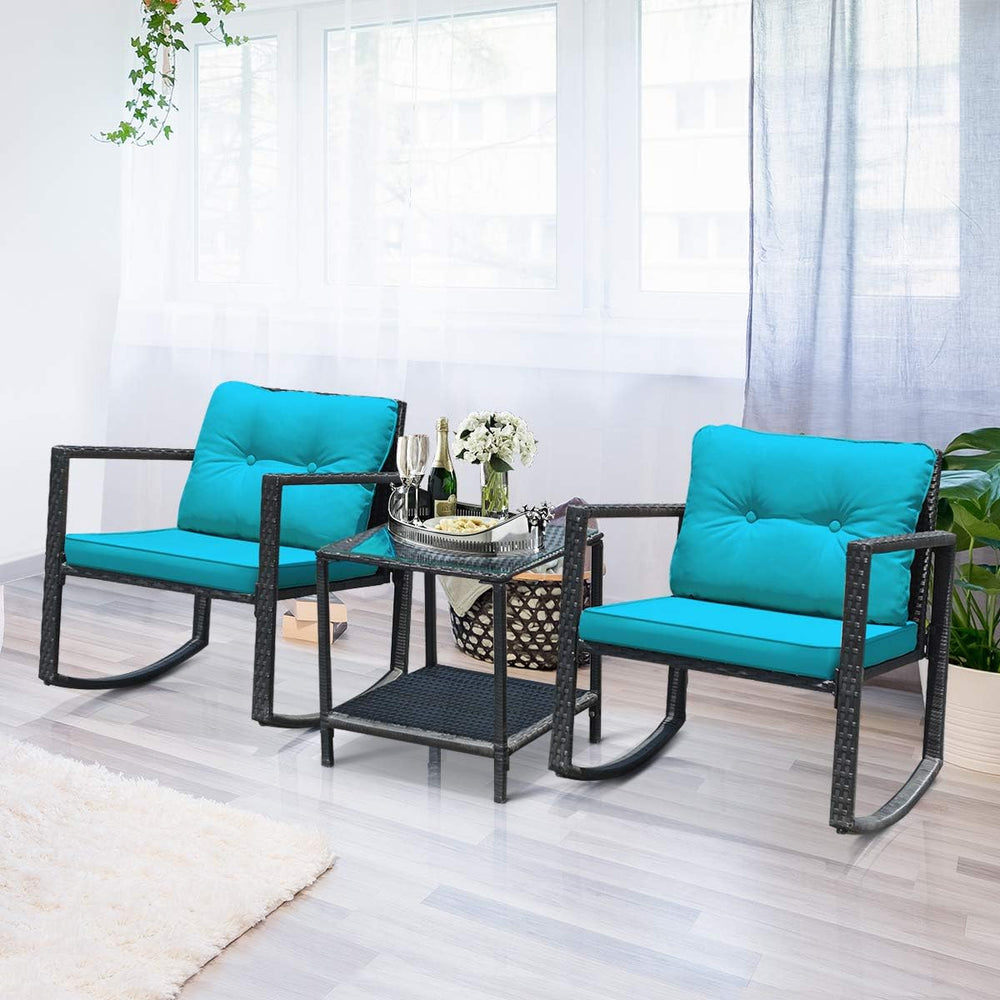Tangkula 3-Piece Patio Rocking Bistro Set with Soft Cushions, Turquoise
