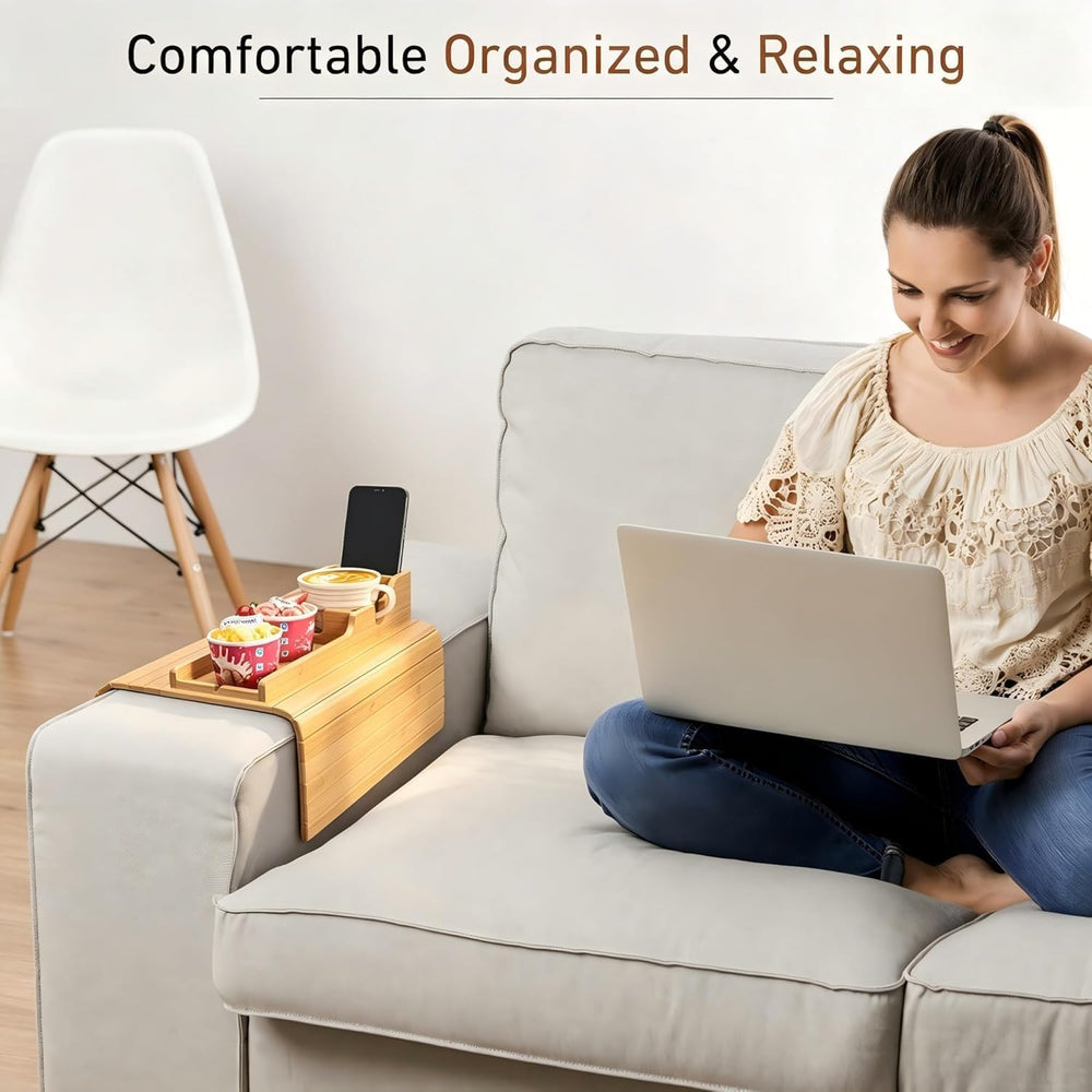 Yoshiky 2 Pack Bamboo Couch Armrest Table, Couch Arm Tray with Removable Couc...