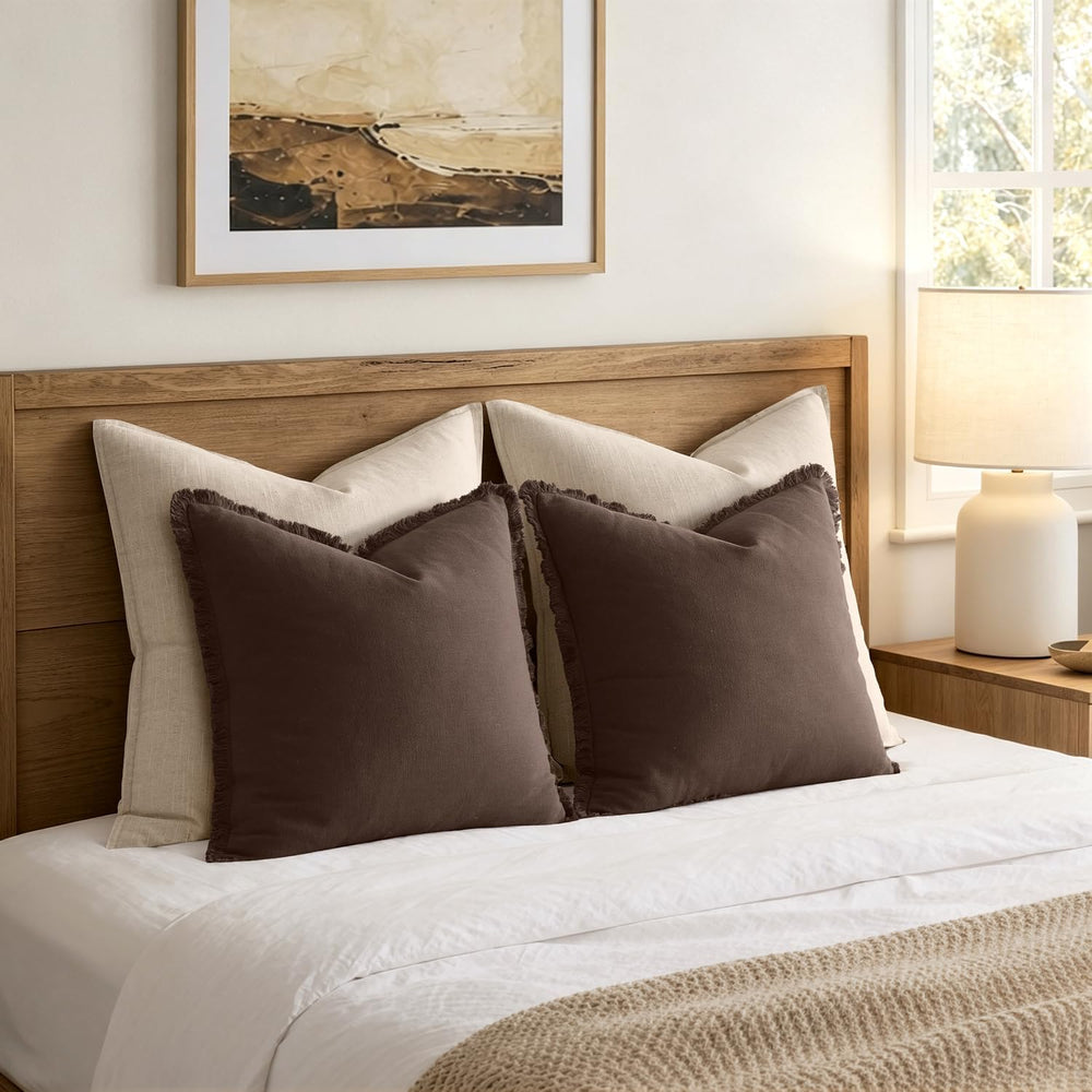 ANRODUO Decorative Linen Fringe Pillow Covers 20×20 Inch Mocha Brown 2 Pack