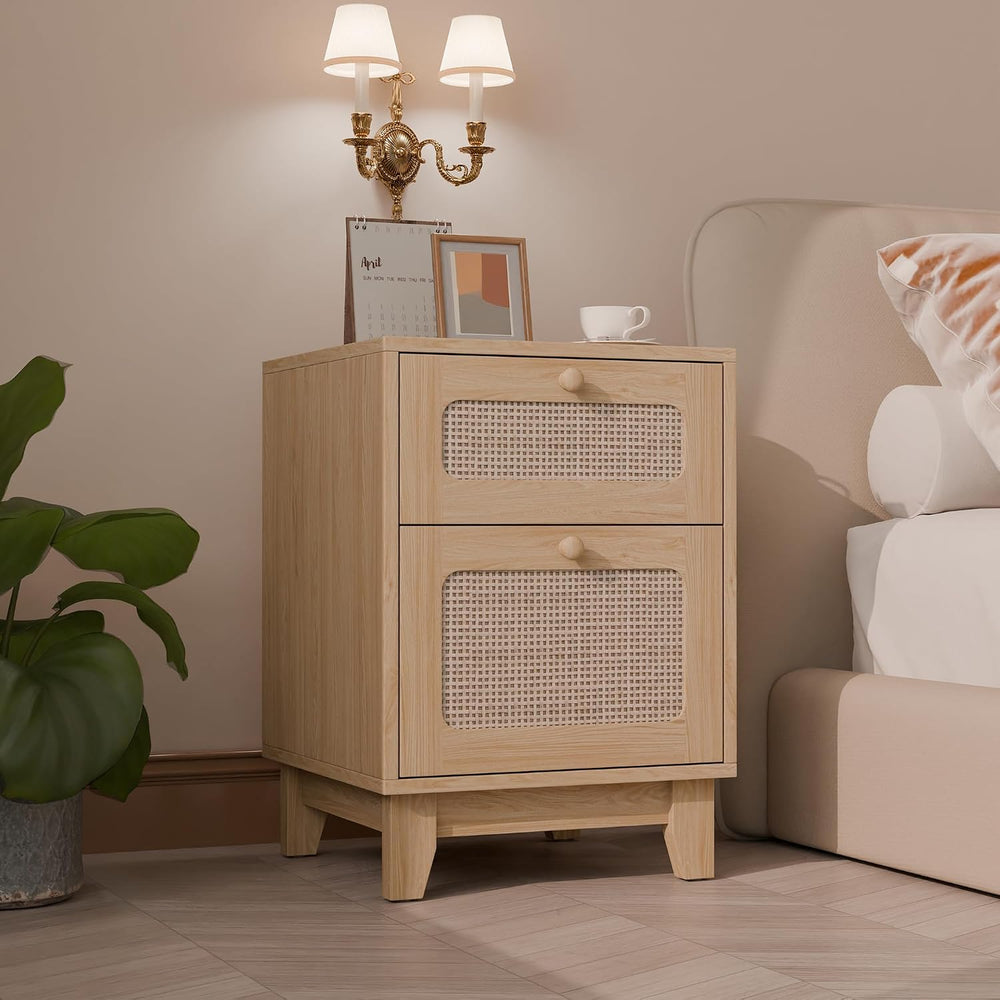 Rattan Nightstand, Boho Side Table with Drawer, Cane Accent Bedside End Table...