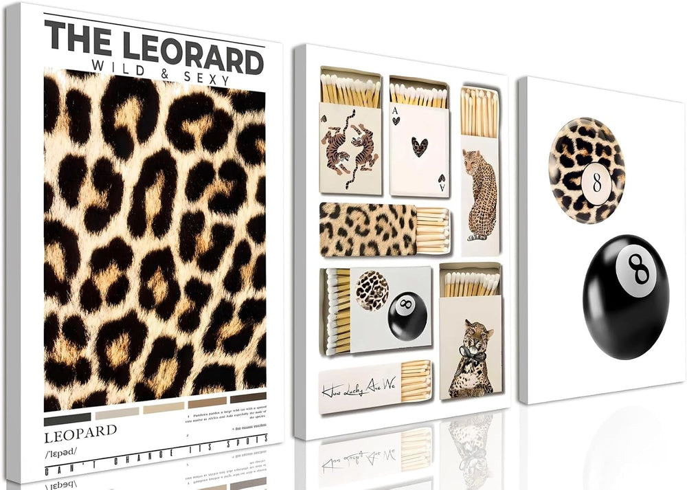 Framed Trendy Leopard Canvas Wall Art Set of 3, Preppy Cheetah Lucky 8 Ball P...