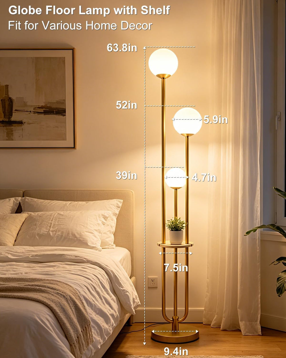 63IN Dimmable Gold Floor Lamp with Shelf Mid Century Standing Lamps with 3000...