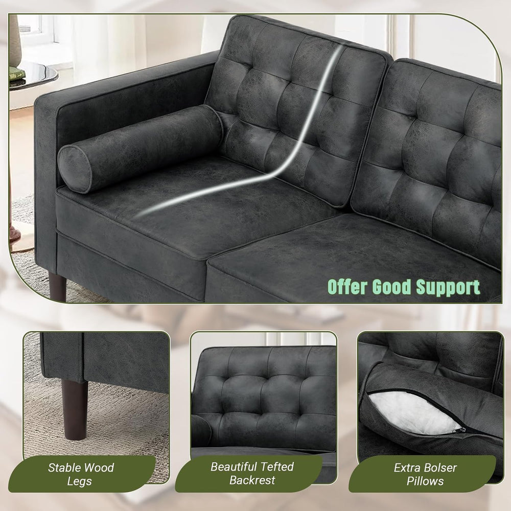 Suede Leather Upholstered Sofa Set with Tufted Backrests, Grey
