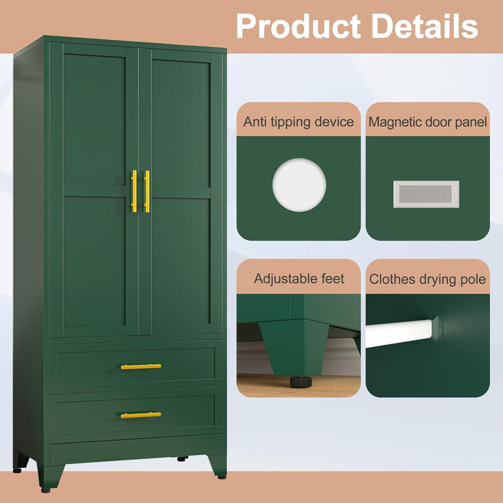 PAOFIN Green 71" Metal Armoire Wardrobe Closet, Bedroom Clothing Storage...