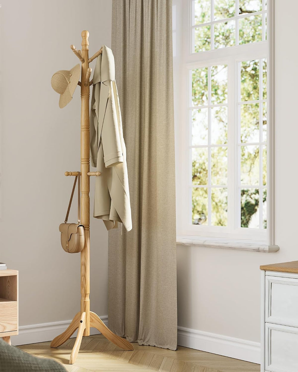 VASAGLE Freestanding Coat Rack, Rubber Wood Coat Tree with 9 Hooks