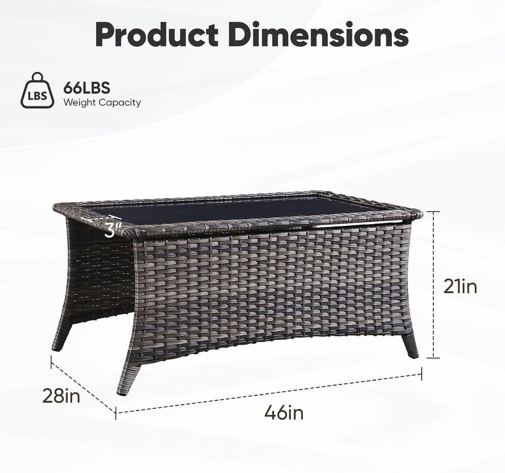 Belord Patio Coffee Table Outdoor Rectangular Glass Table, Handwoven Rattan P...