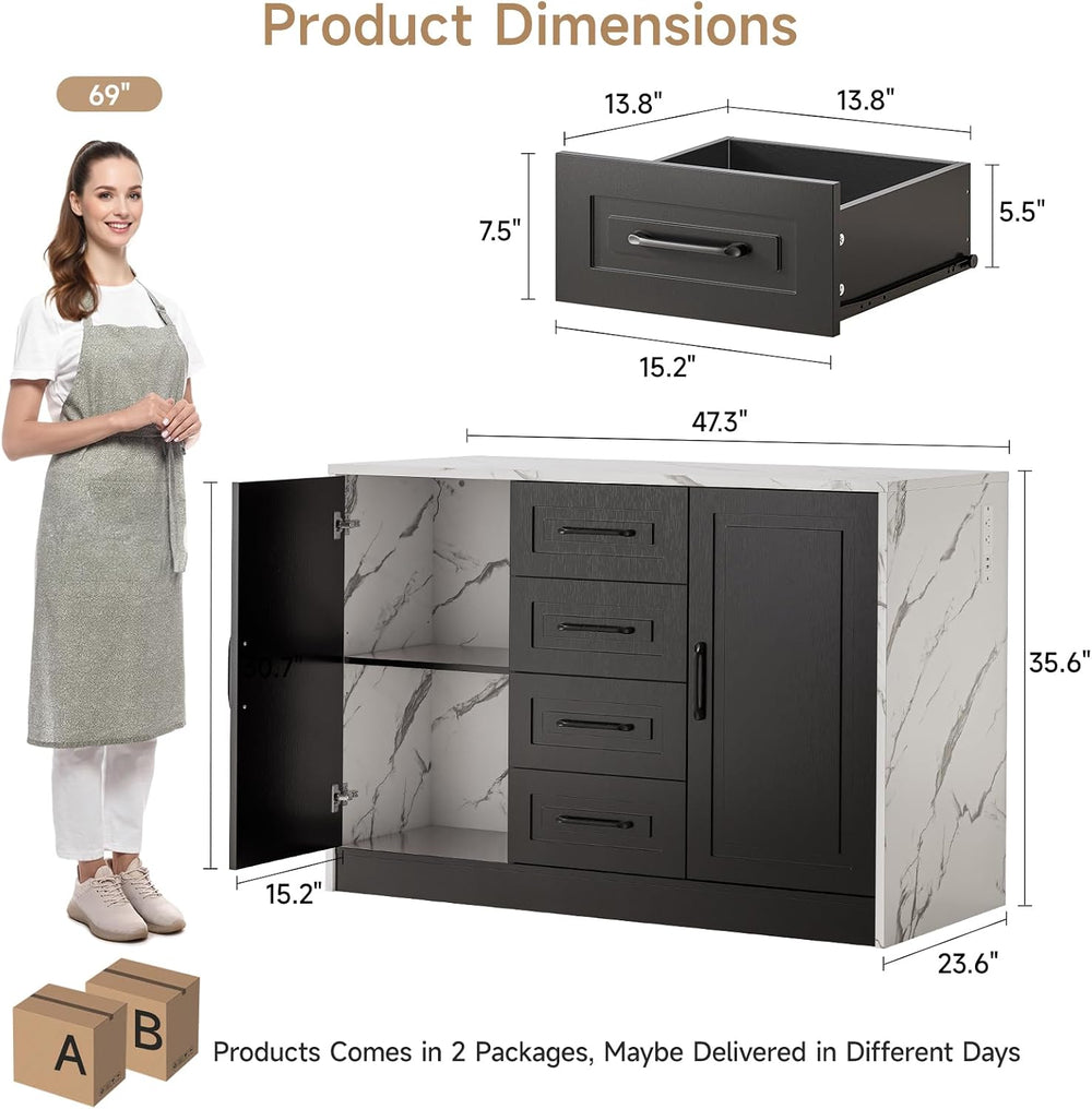 ONBRILL Kitchen Island with 2 Storage Cabinets & 4 Drawers, Black+White