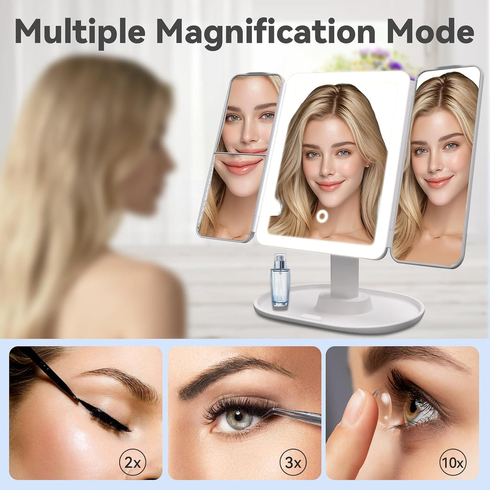 2X/3X/10X Makeup Mirror with Lighting,Trifold Magnifying Vanity Mirror