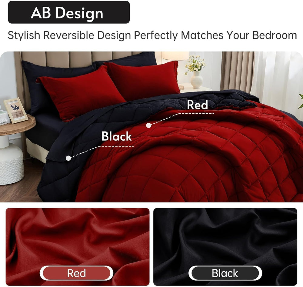 MUXHOMO King Comforter Set 7 Pieces, Reversible Bed in a Bag, Red/Black