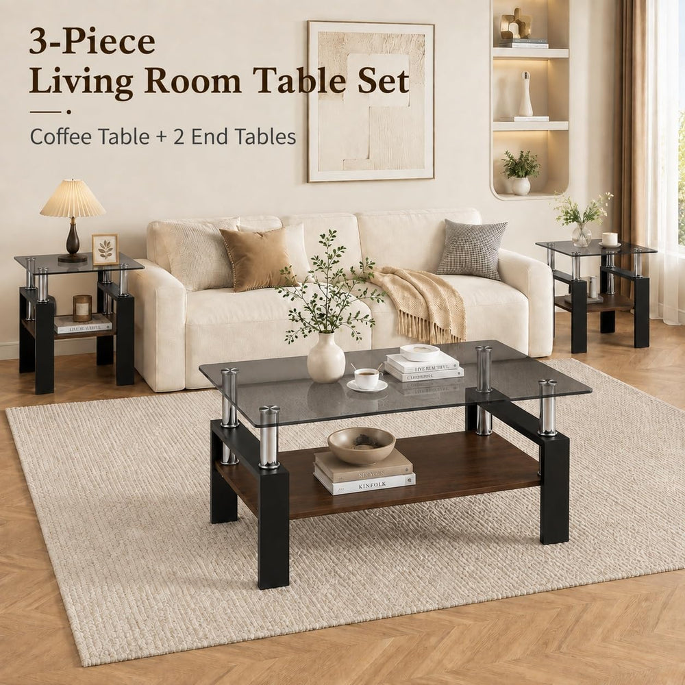 3-Piece Coffee Table Set, Glass Coffee Table & 2 End Tables, Black